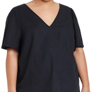 Ava & Viv Women's Plus Black V-Neck Linen Short Flutter Sleeve Blouse Sz 3X NWT